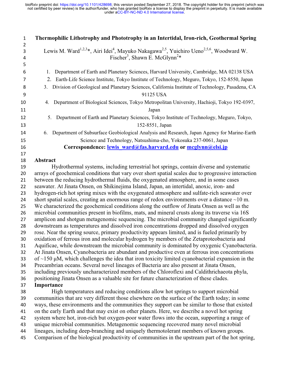 Thermophilic Lithotrophy and Phototrophy in an Intertidal, Iron-Rich, Geothermal Spring 2 3 Lewis M