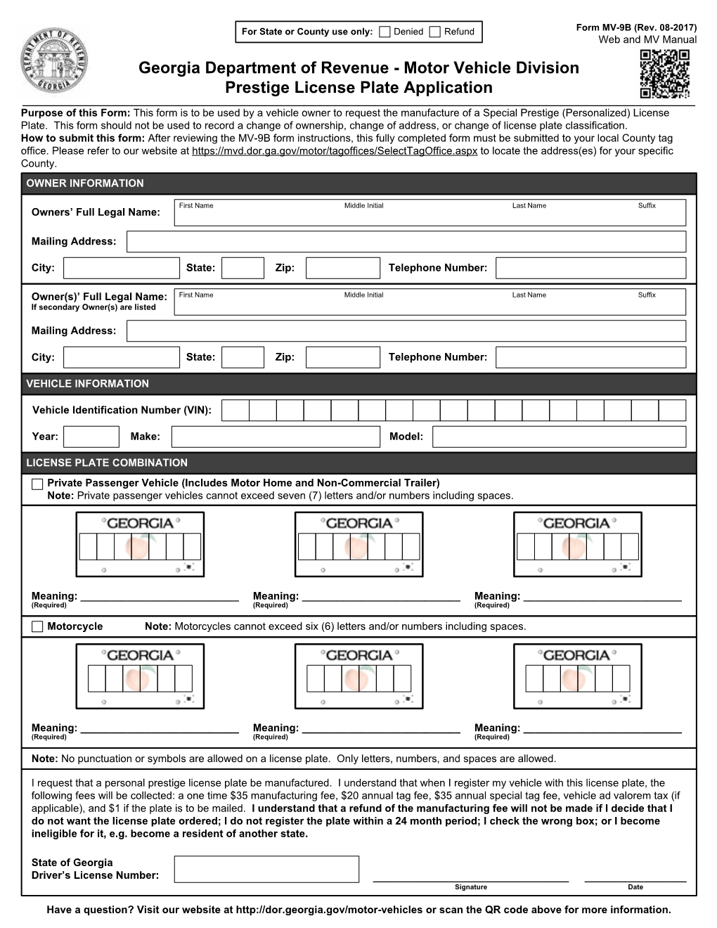 Motor Vehicle Division Prestige License Plate Application