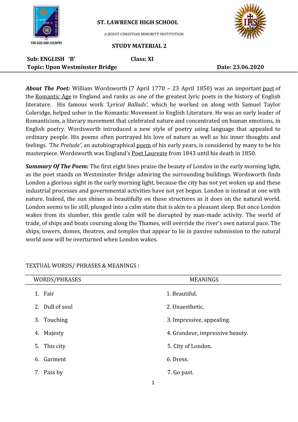 ENGLISH 'B' Class: XI Topic: Upon Westminster Bridge Date