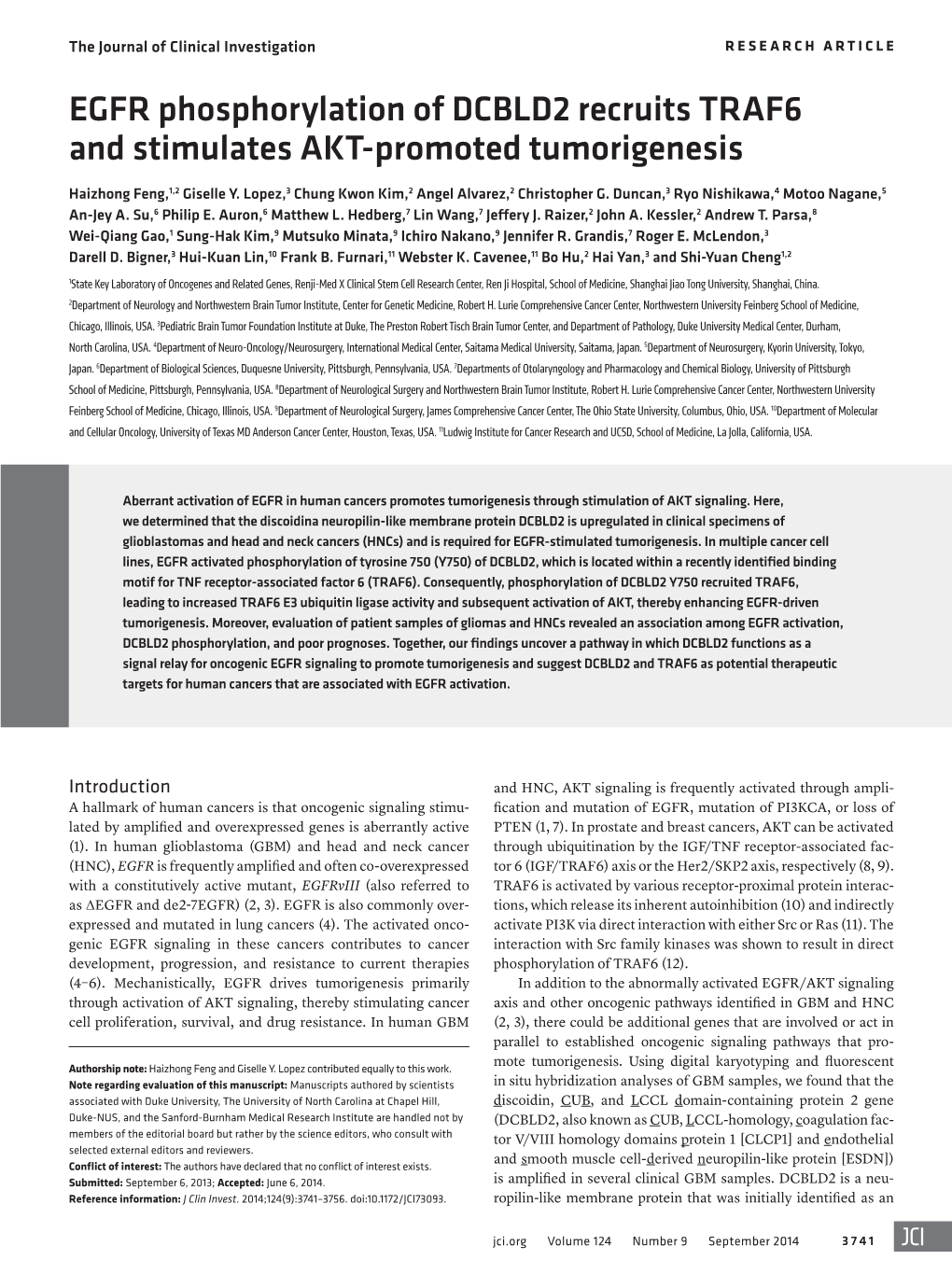 EGFR Phosphorylation of DCBLD2 Recruits TRAF6 and Stimulates AKT-Promoted Tumorigenesis