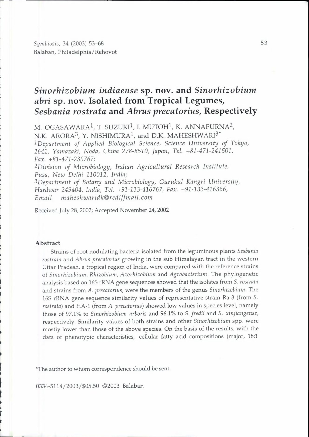 Sinorhizobium Indiaense Sp. Nov. and Sinorhizobium Abri Sp. Nov. Isolated from Tropical Legumes, Sesbania Rostrata and Abrus Precatorius, Respectively