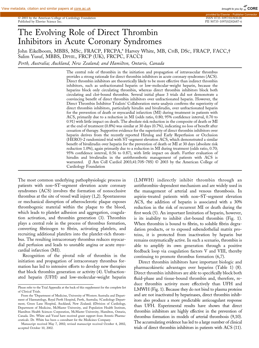 The Evolving Role of Direct Thrombin Inhibitors in Acute Coronary