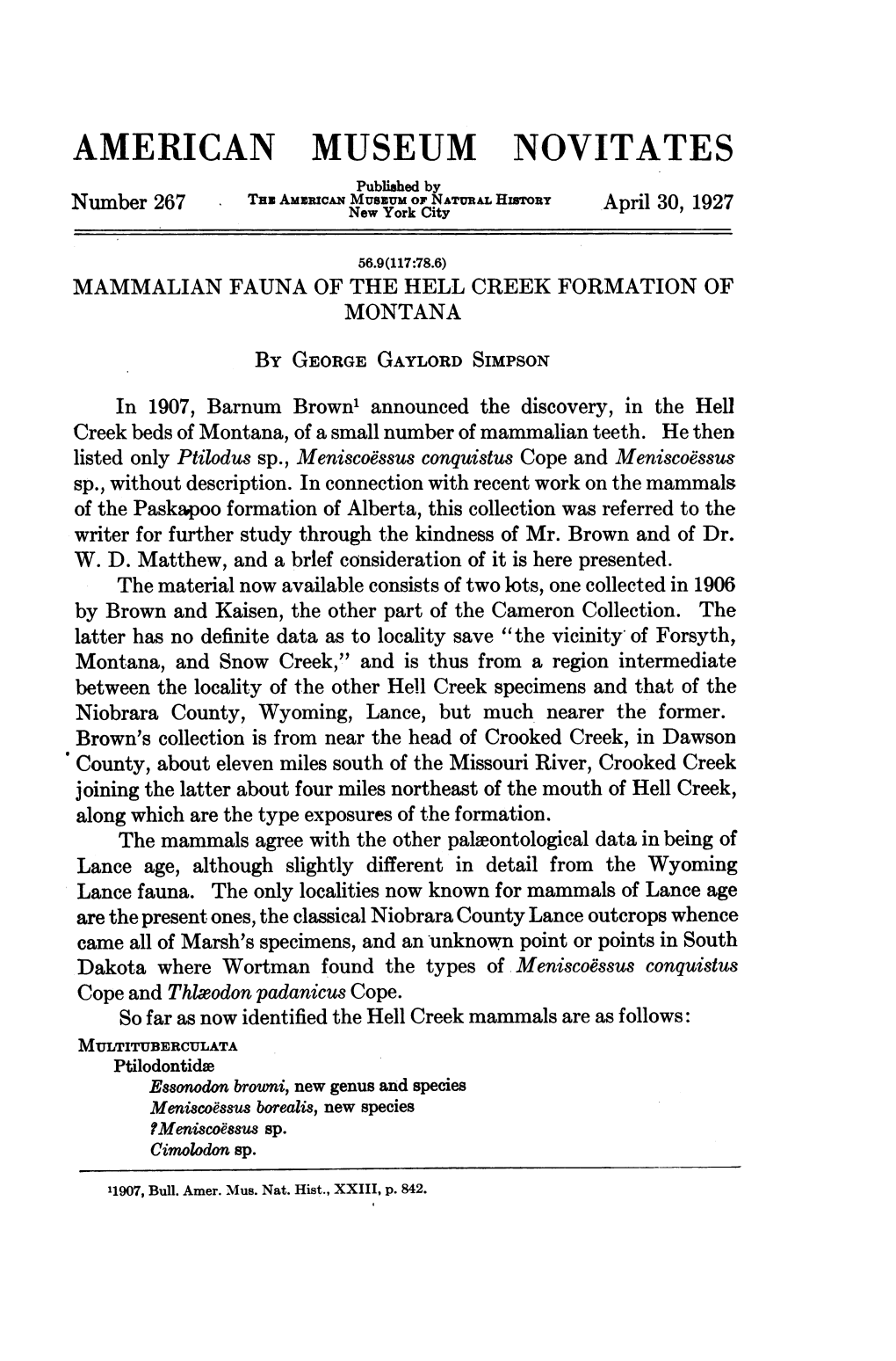 AMERICAN MUSEUM NOVITATES Published by Number 267 Tnz AMERICAN Musumof Natural History April 30, 1927