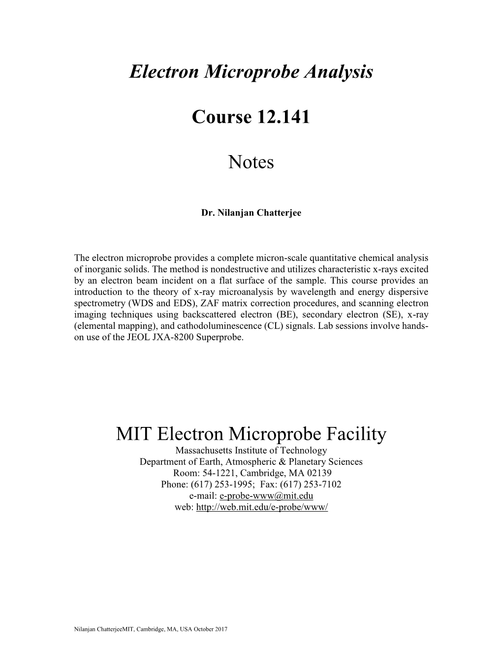 Electron Microprobe Analysis Course 12.141 Notes MIT Electron