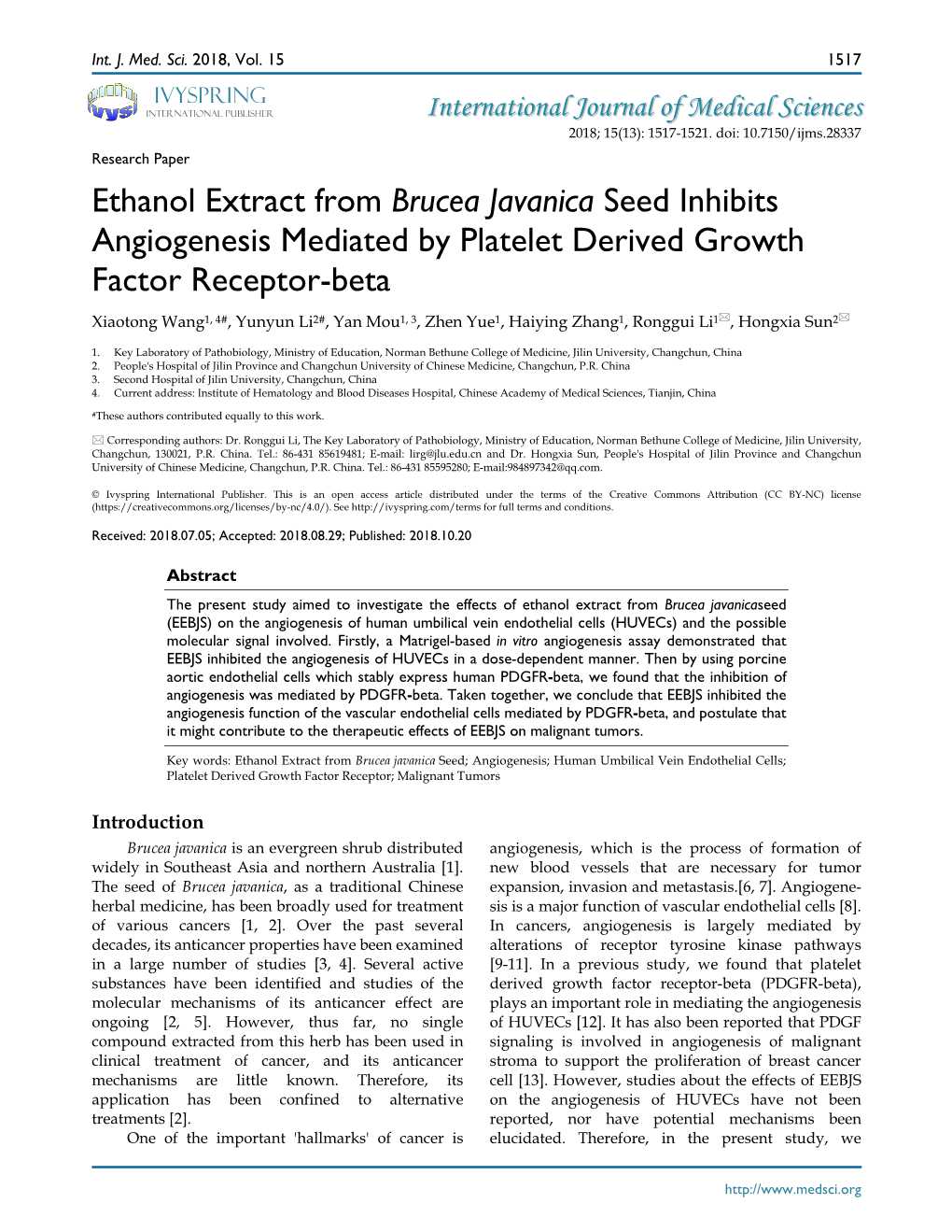 Ethanol Extract from Brucea Javanica Seed Inhibits Angiogenesis