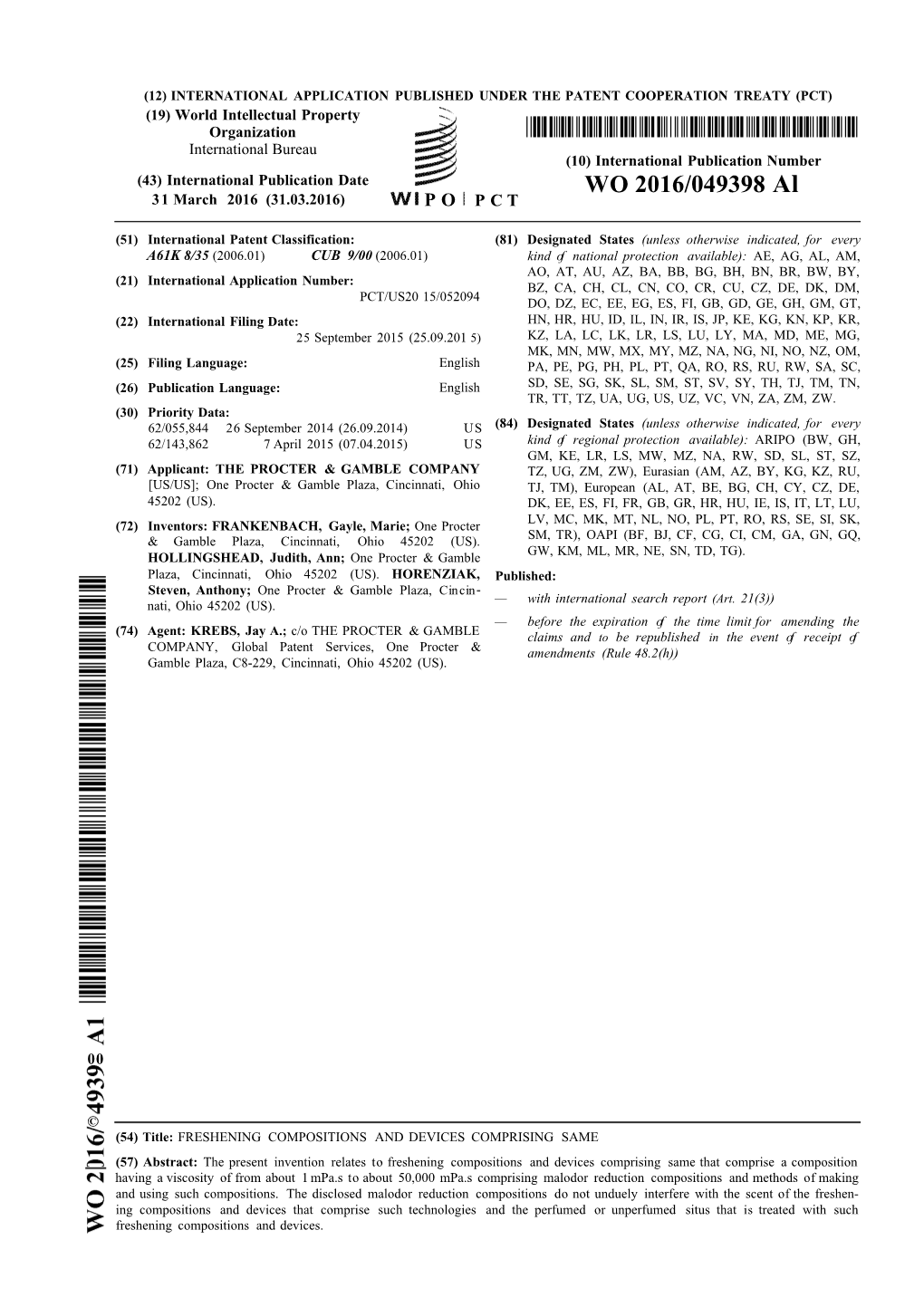 WO 2016/049398 Al 31 March 2016 (31.03.2016) P O P C T