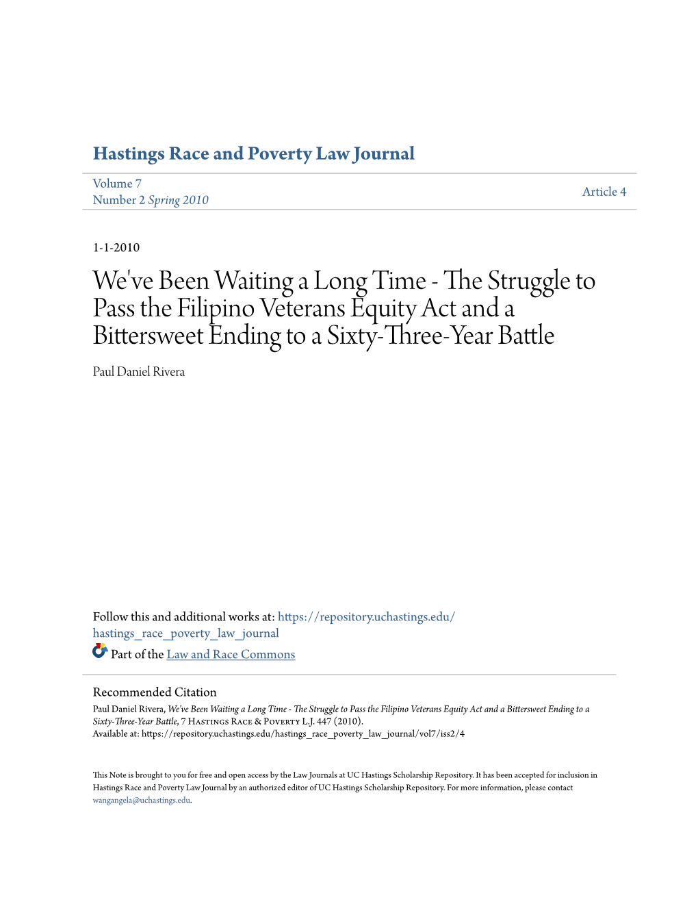 The Struggle to Pass the Filipino Veterans Equity Act and a Bittersweet Ending to a Sixty-Three-Year Battle, 7 Hastings Race & Poverty L.J