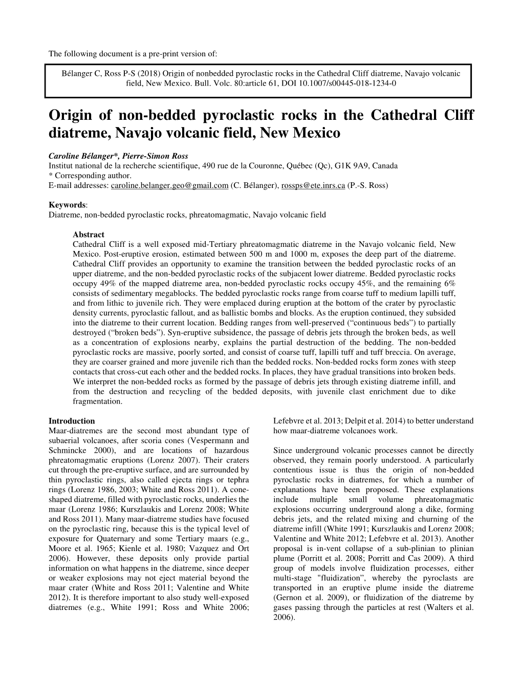 Origin of Non-Bedded Pyroclastic Rocks in the Cathedral Cliff Diatreme, Navajo Volcanic Field, New Mexico