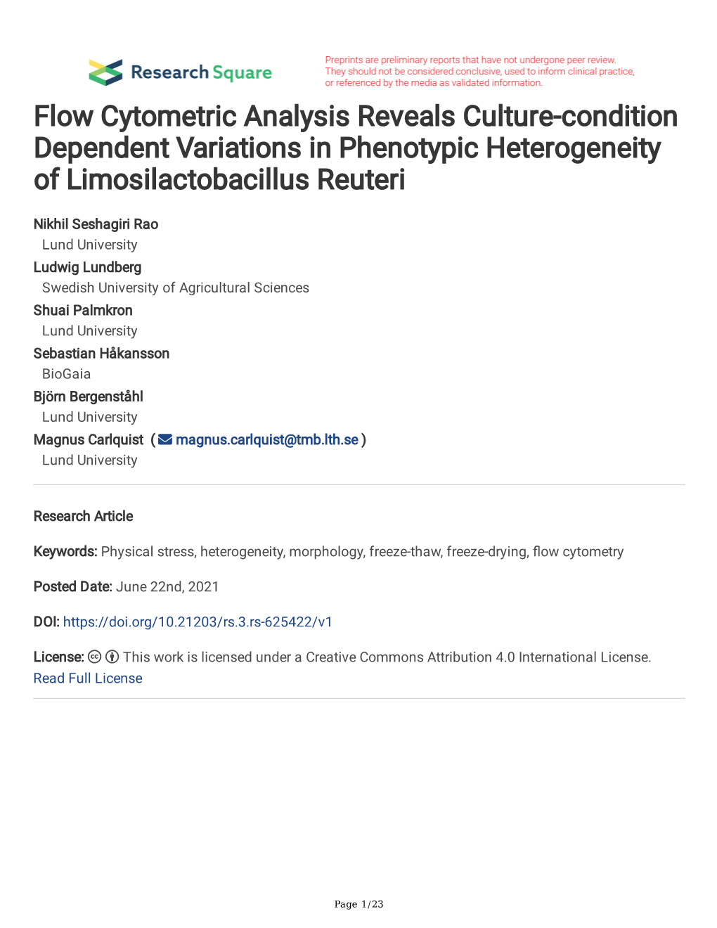 Flow Cytometric Analysis Reveals Culture-Condition Dependent Variations in Phenotypic Heterogeneity of Limosilactobacillus Reuteri