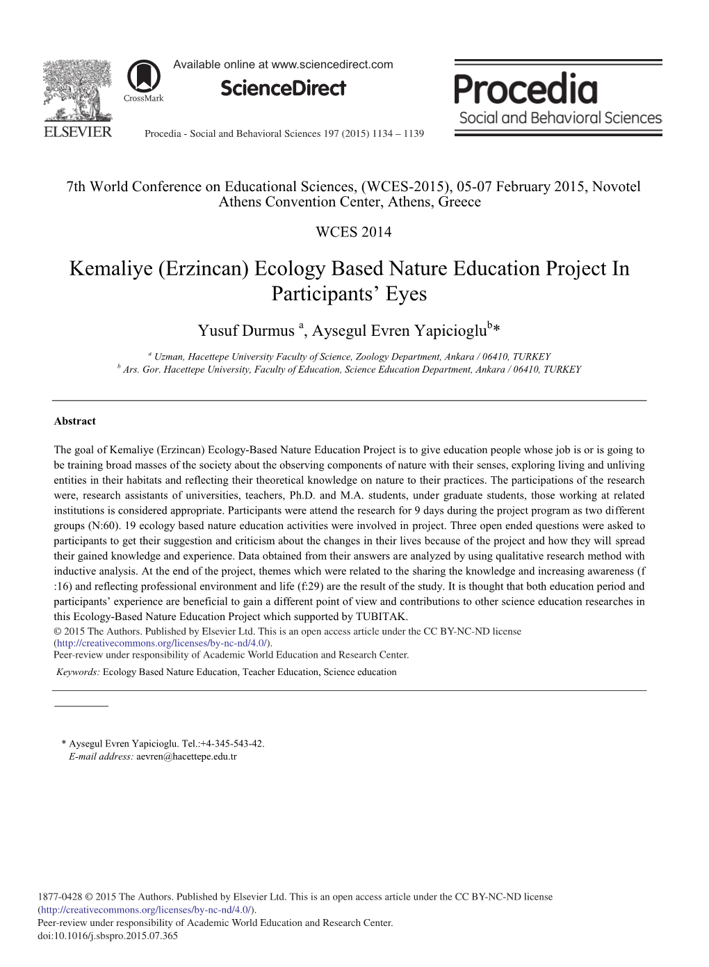 Kemaliye (Erzincan) Ecology Based Nature Education Project in Participants’ Eyes