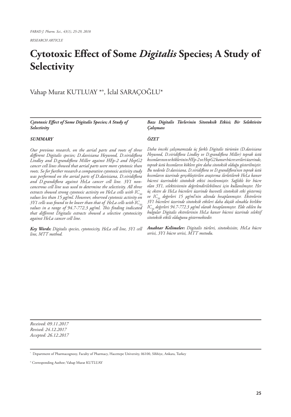 Cytotoxic Effect of Some Digitalis Species; a Study of Selectivity