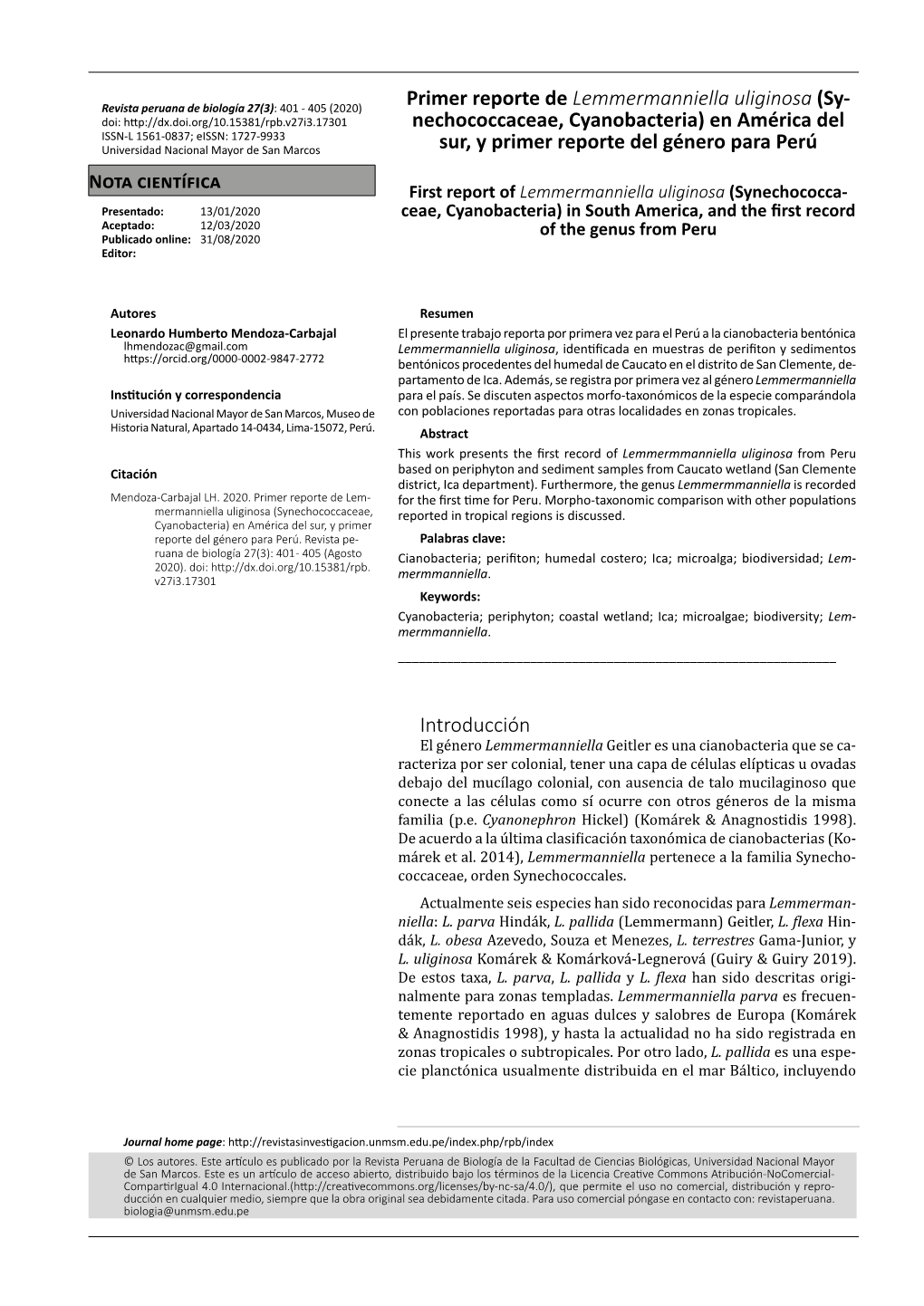 Primer Reporte De Lemmermanniella Uliginosa (Synechococcaceae