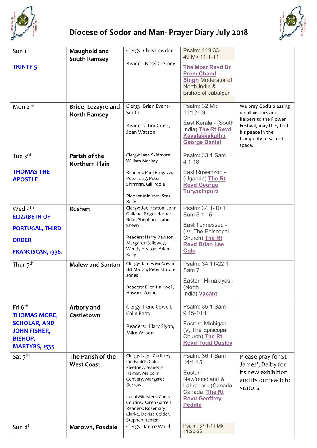 Diocese of Sodor and Man- Prayer Diary July 2018