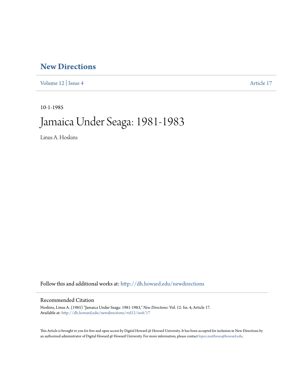 Jamaica Under Seaga: 1981-1983 Linus A