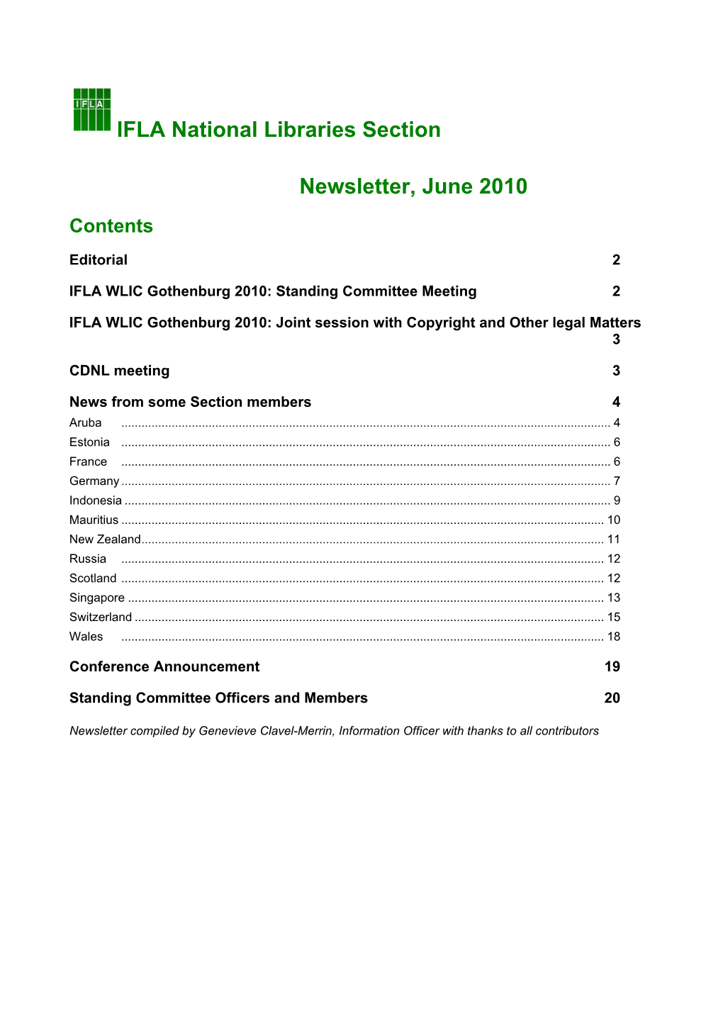 IFLA National Libraries Section Newsletter, June 2010