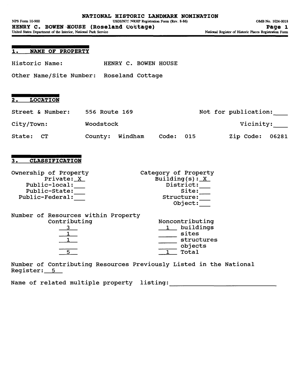 Roseland Cottage) Page 1 United States Department of the Interior, National Park Service National Register of Historic Places Registration Form