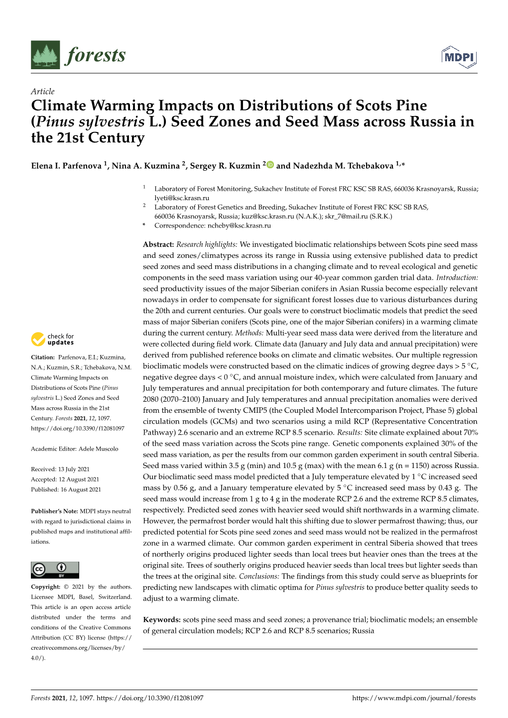 Climate Warming Impacts on Distributions of Scots Pine (Pinus Sylvestris L.) Seed Zones and Seed Mass Across Russia in the 21St Century