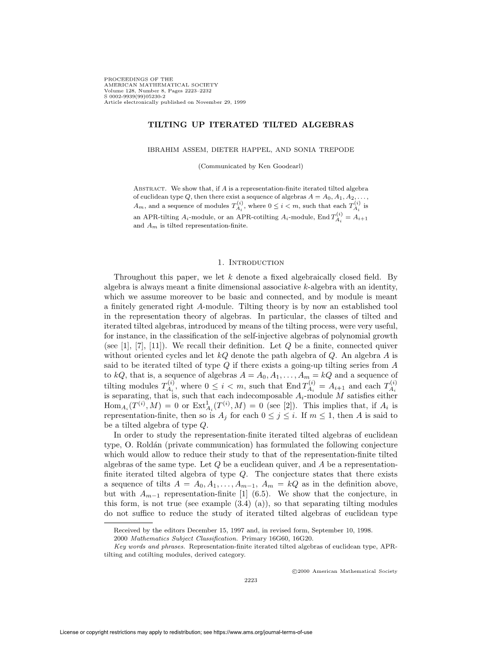 TILTING up ITERATED TILTED ALGEBRAS 1. Introduction Throughout This Paper, We Let K Denote a Fixed Algebraically Closed Field. B