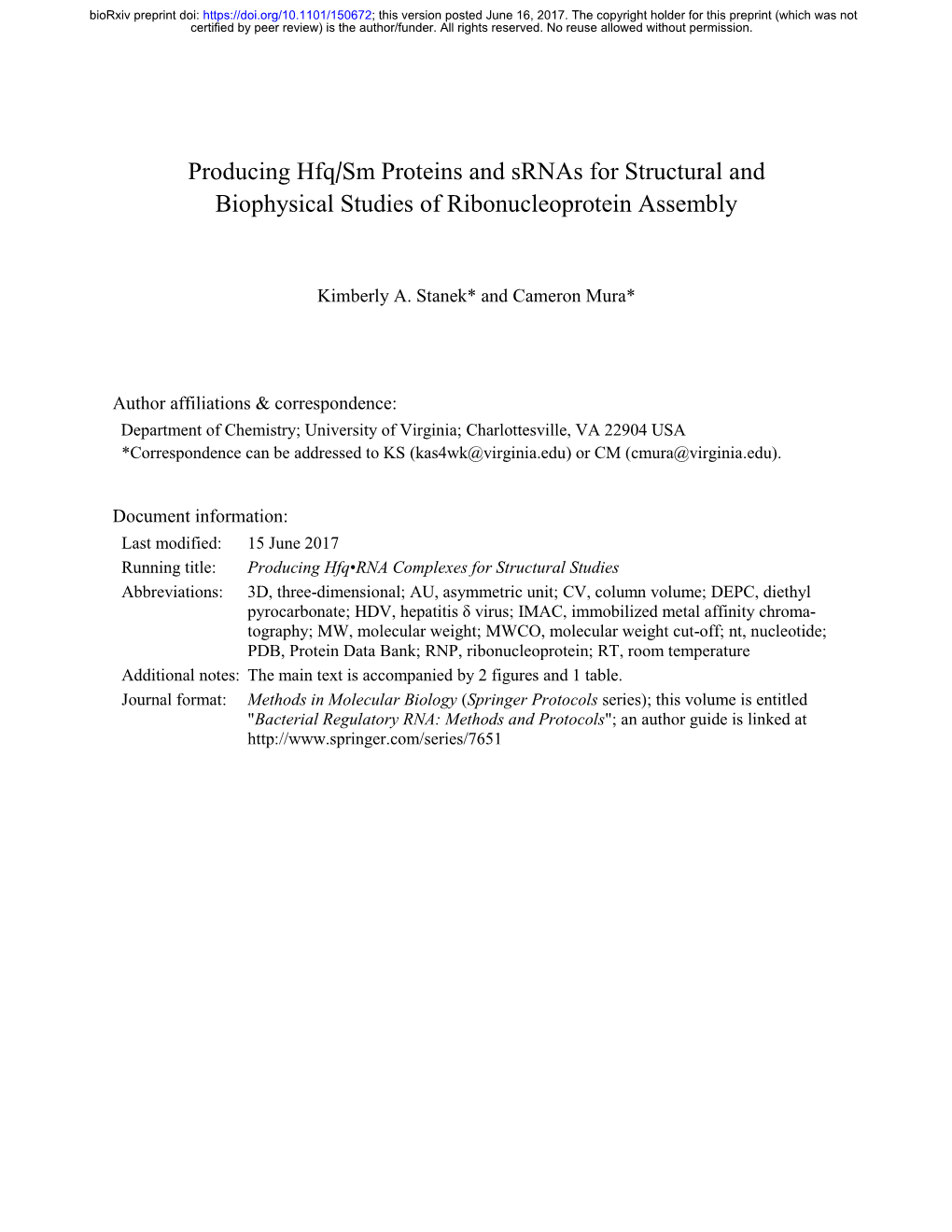 Producing Hfq/Sm Proteins and Srnas for Structural and Biophysical Studies of Ribonucleoprotein Assembly