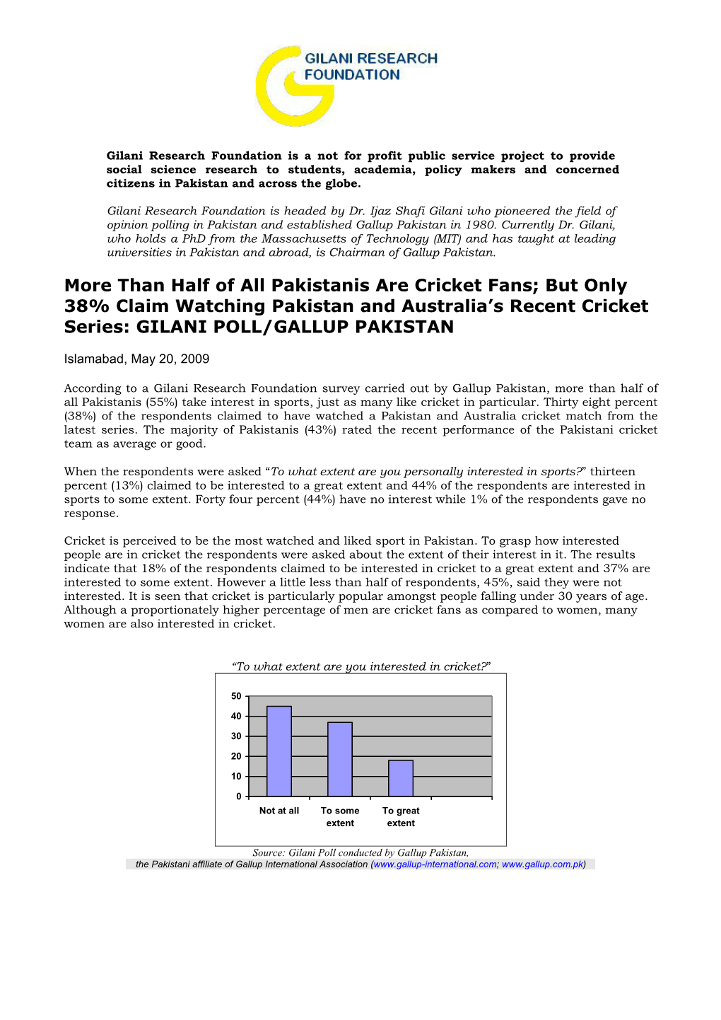 More Than Half of All Pakistanis Are Cricket Fans; but Only 38% Claim Watching Pakistan and Australia’S Recent Cricket Series: GILANI POLL/GALLUP PAKISTAN