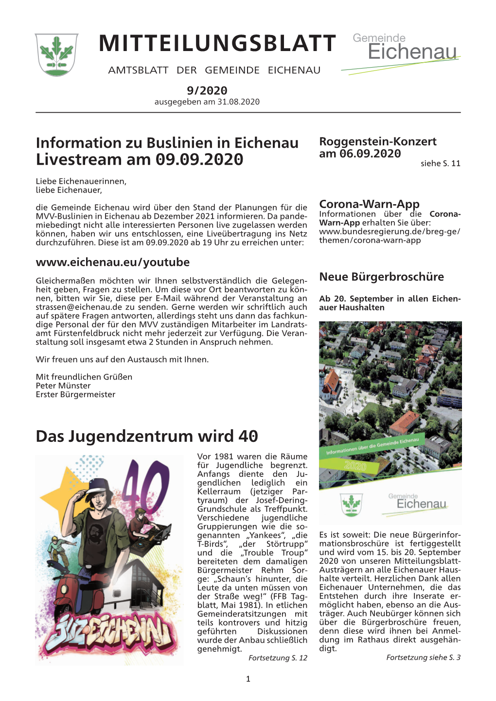 MITTEILUNGSBLATT AMTSBLATT DER GEMEINDE EICHENAU 9/2020 Ausgegeben Am 31.08.2020