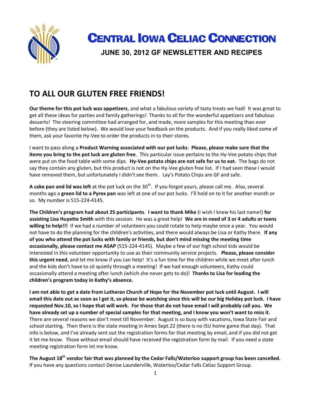 June 2012 GF Newsletter and Recipes