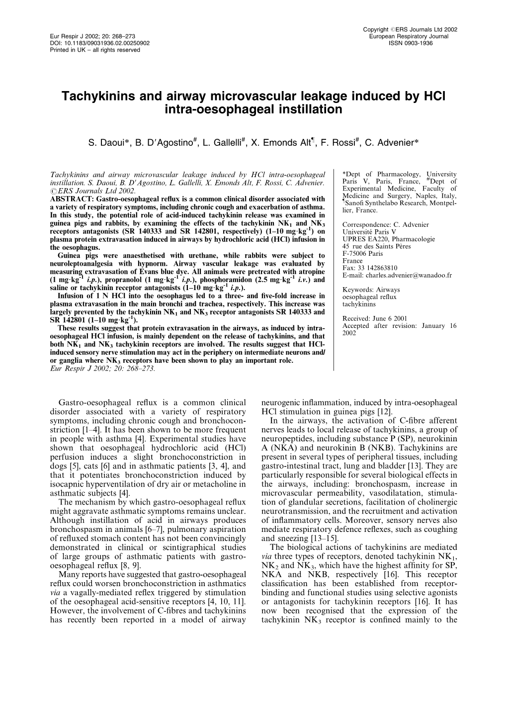 Tachykinins and Airway Microvascular Leakage Induced by Hcl Intra-Oesophageal Instillation