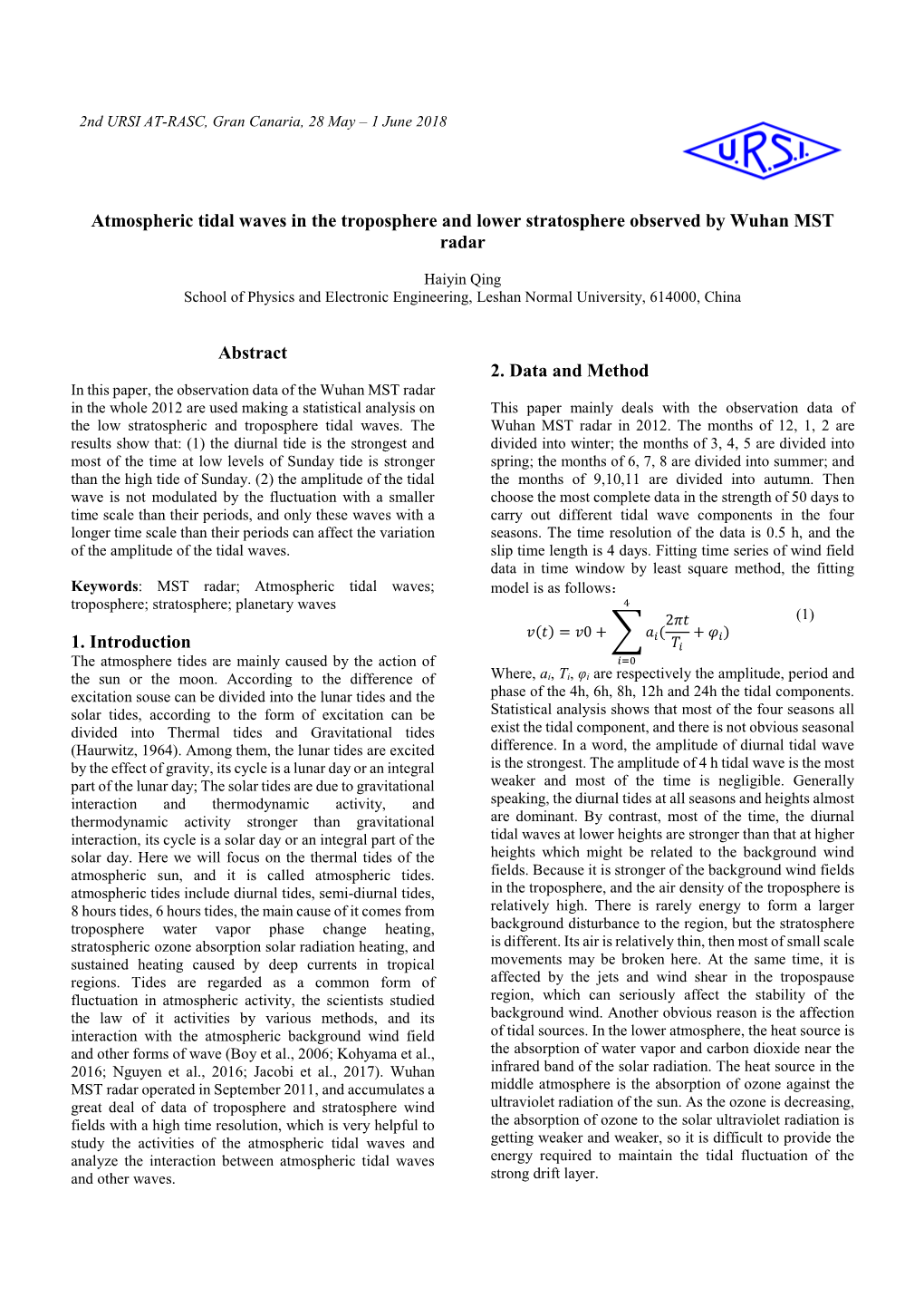 Atmospheric Tidal Waves in the Troposphere and Lower Stratosphere Observed by Wuhan MST Radar