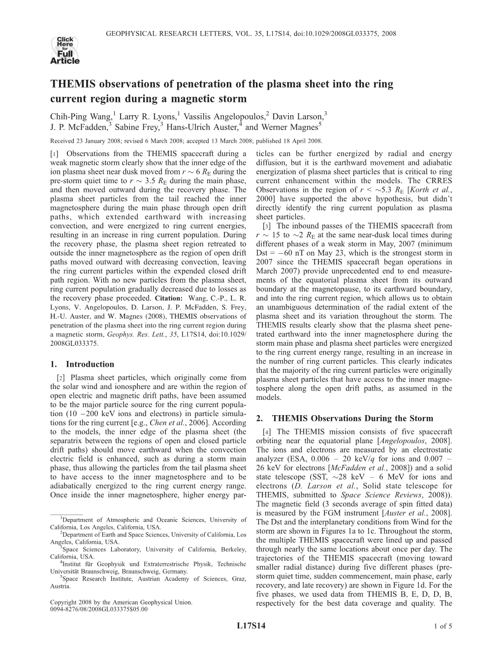 THEMIS Observations of Penetration of the Plasma Sheet Into the Ring Current Region During a Magnetic Storm Chih-Ping Wang,1 Larry R