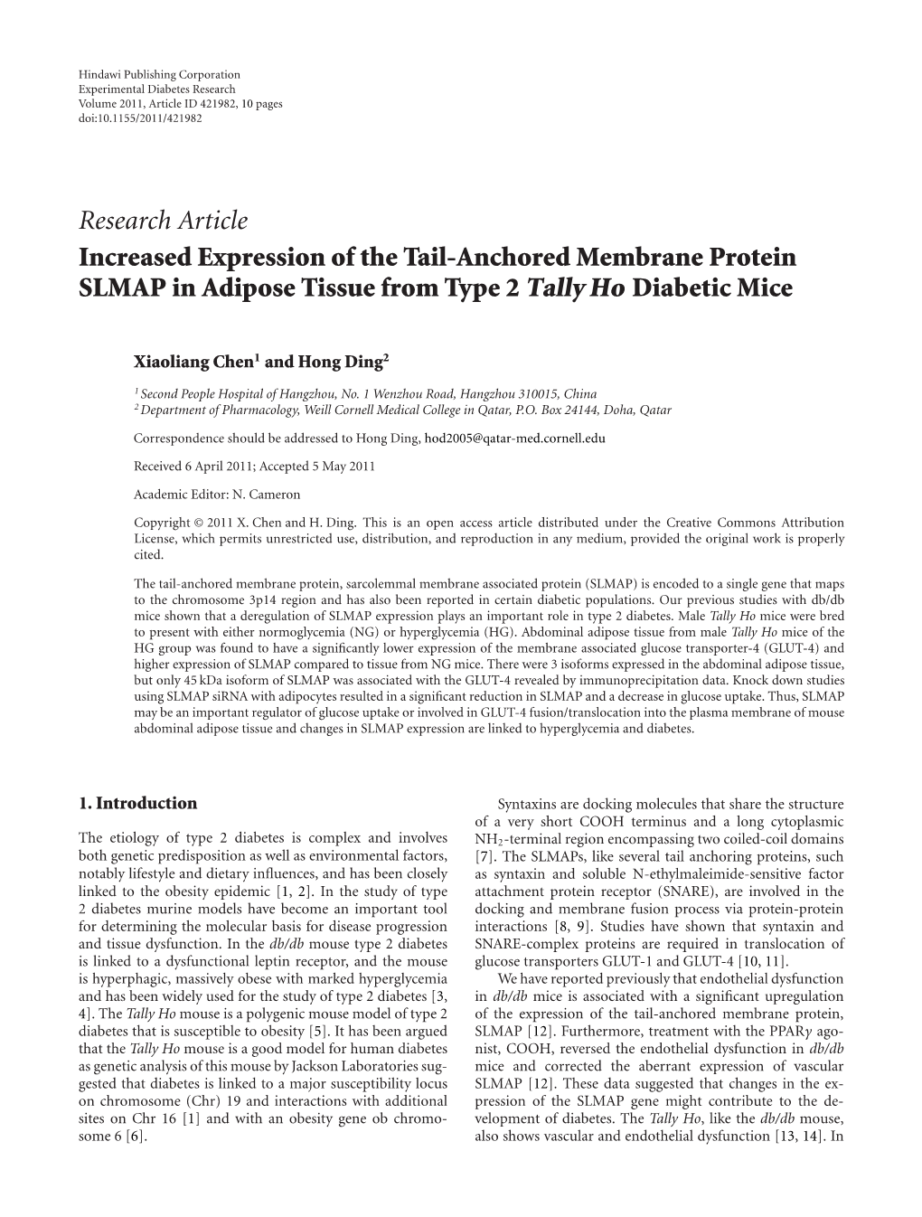 Increased Expression of the Tail-Anchored Membrane Protein SLMAP in Adipose Tissue from Type 2 Tally Ho Diabetic Mice