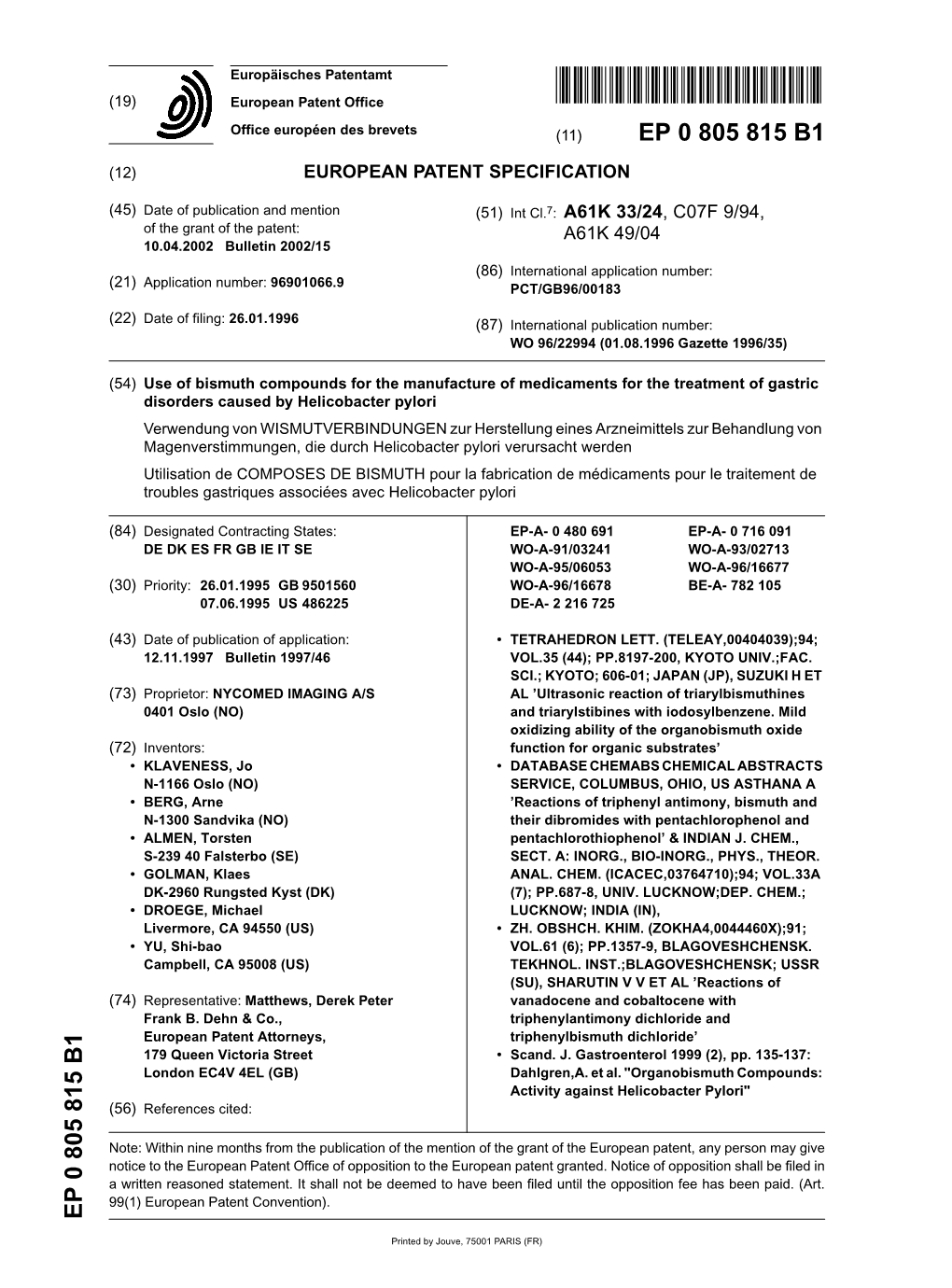 Use of Bismuth Compounds for the Manufacture of Medicaments for The