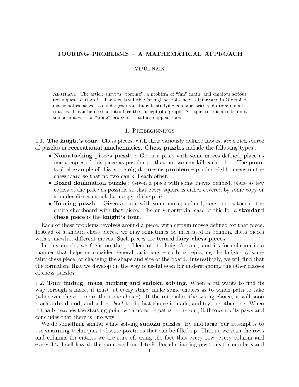 Touring Problems – a Mathematical Approach