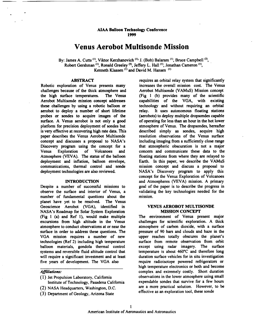 Venus Aerobot Multisonde Mission