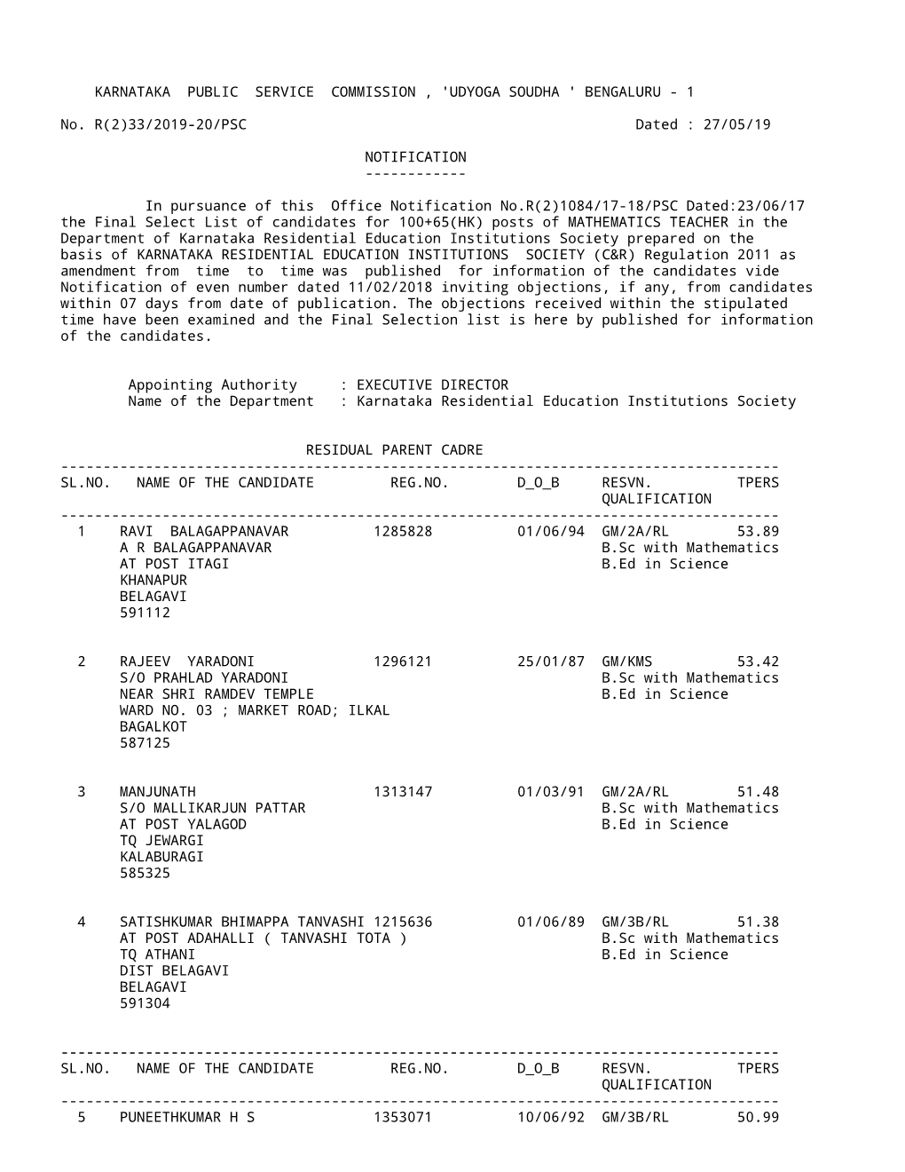 1 No. R(2)33/2019-20/PSC Dated : 27/05/19 NOTIFICA