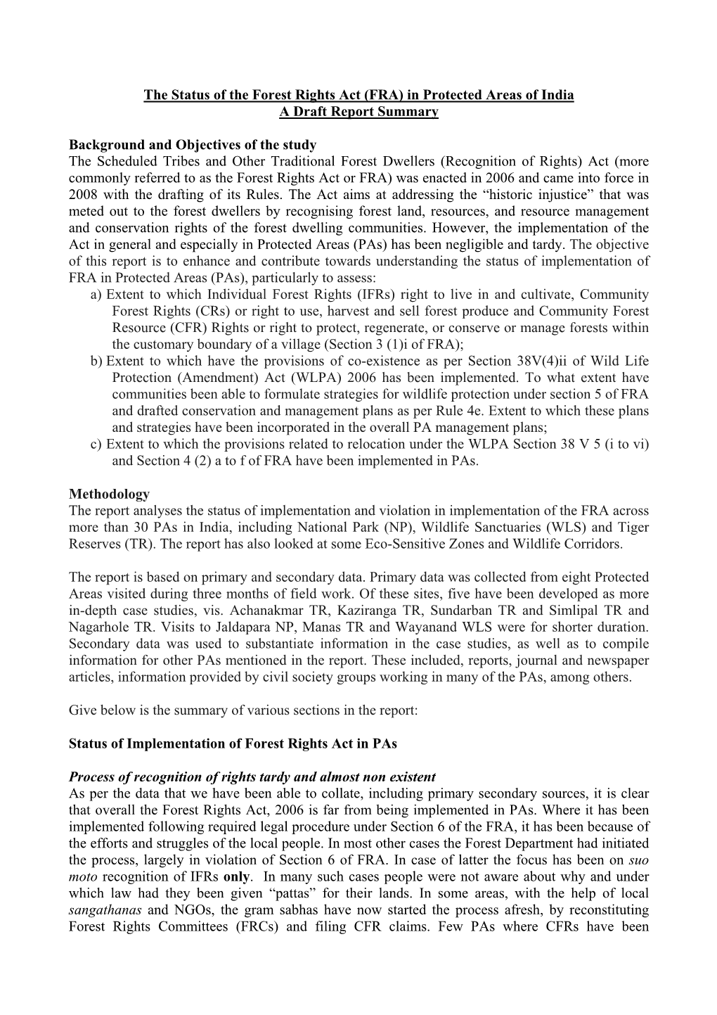 The Status of the Forest Rights Act (FRA) in Protected Areas of India a Draft Report Summary