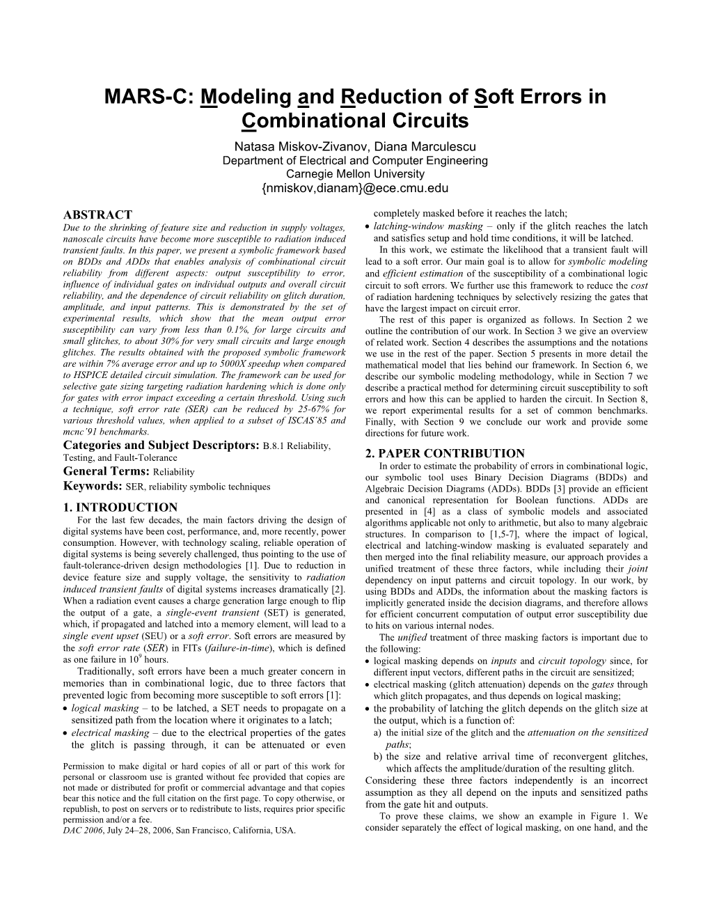 MARS-C: Modeling and Reduction of Soft Errors in Combinational Circuits