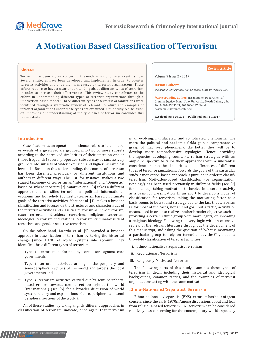 A Motivation Based Classification of Terrorism