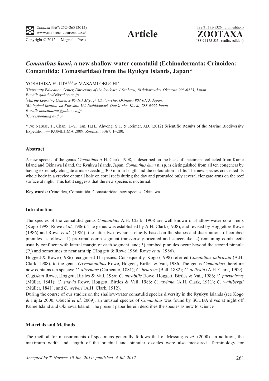 Echinodermata: Crinoidea: Comatulida: Comasteridae) from the Ryukyu Islands, Japan*