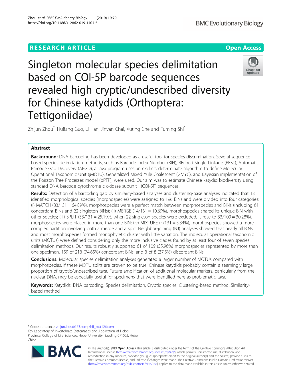 Singleton Molecular Species Delimitation Based on COI-5P
