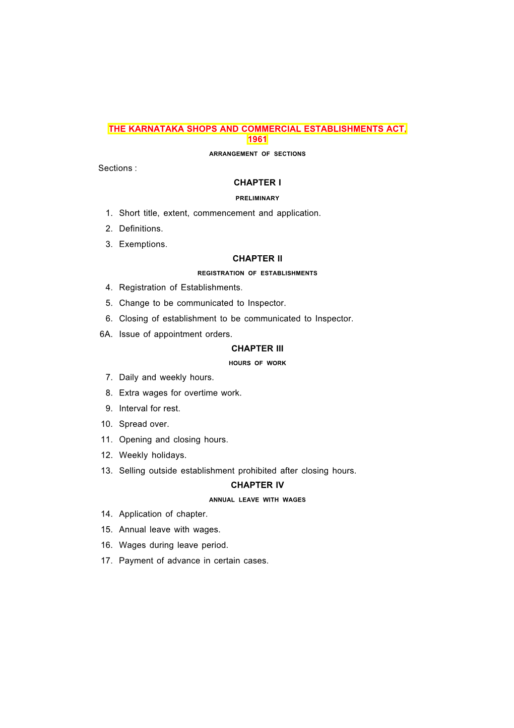 THE KARNATAKA SHOPS and COMMERCIAL ESTABLISHMENTS ACT, 1961 ARRANGEMENT of SECTIONS Sections : CHAPTER I