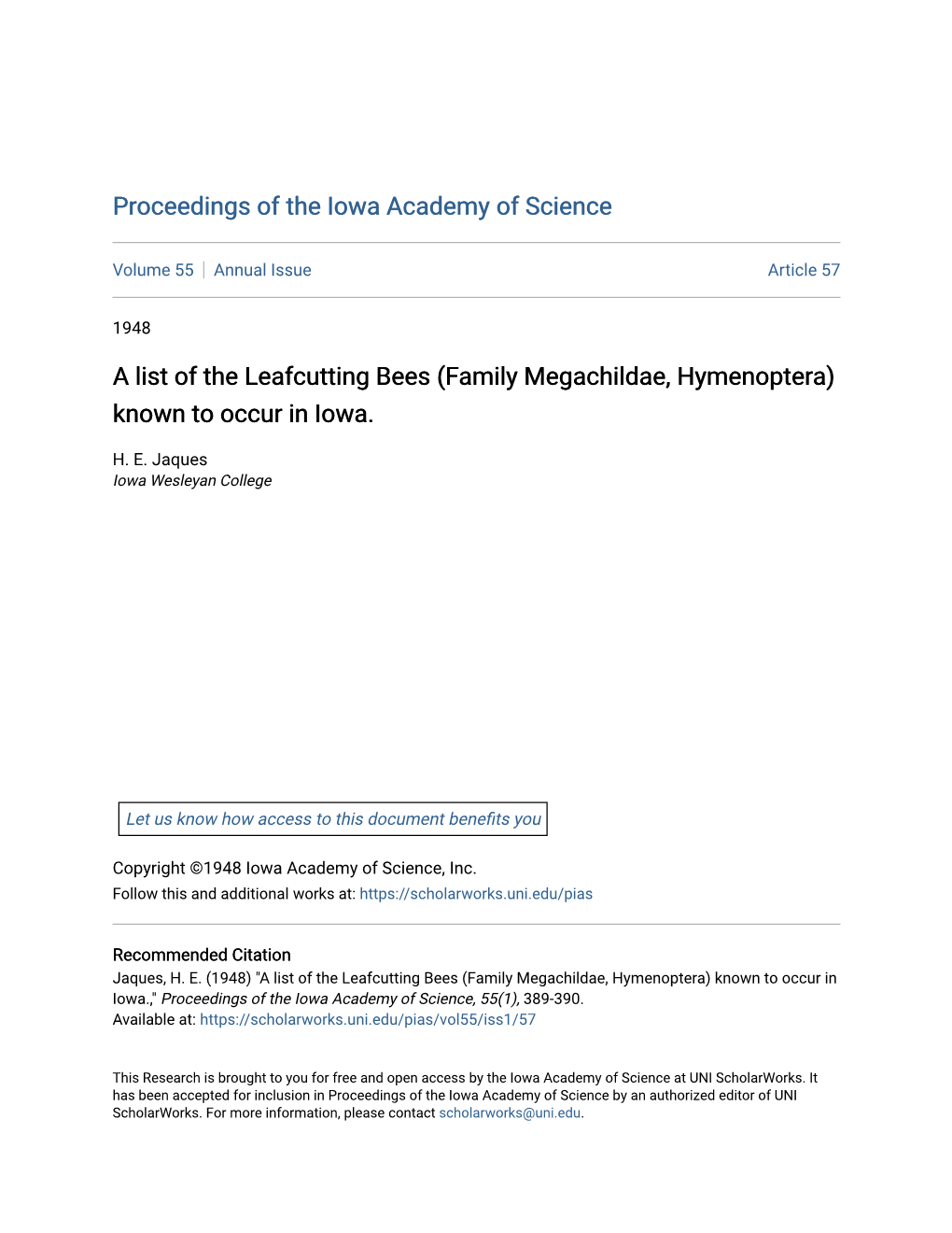 A List of the Leafcutting Bees (Family Megachildae, Hymenoptera) Known to Occur in Iowa