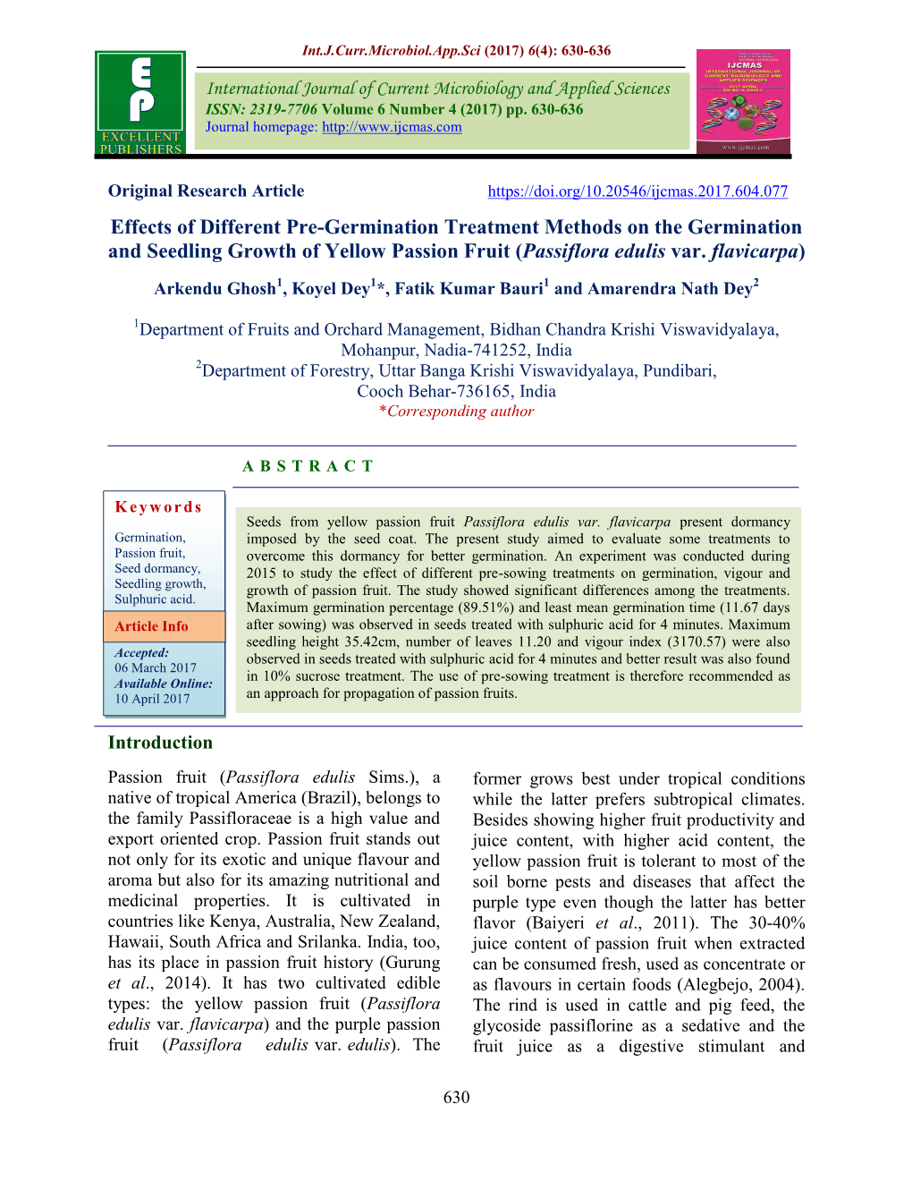 Effects of Different Pre-Germination Treatment Methods on the Germination and Seedling Growth of Yellow Passion Fruit (Passiflora Edulis Var