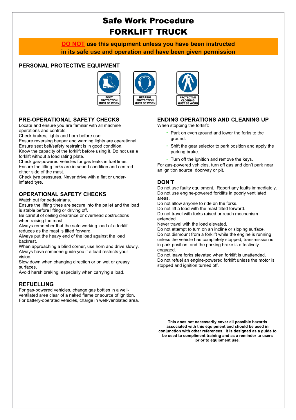 Safety Operating Procedures - Forklift Truck