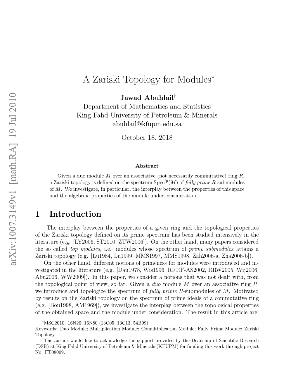 A Zariski Topology for Modules