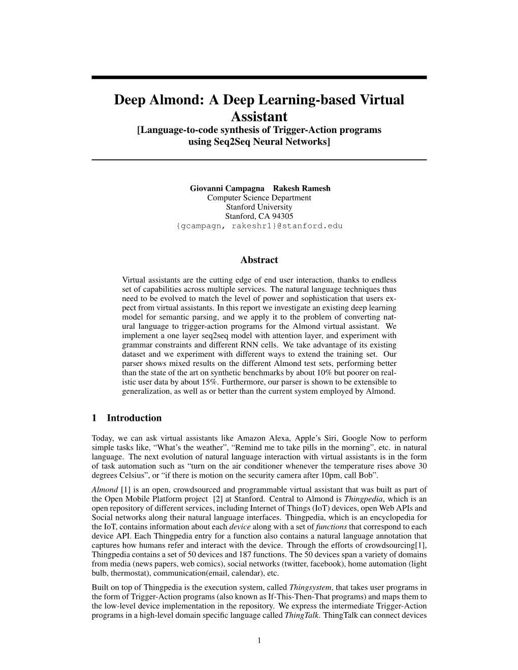 Deep Almond: a Deep Learning-Based Virtual Assistant [Language-To-Code Synthesis of Trigger-Action Programs Using Seq2seq Neural Networks]