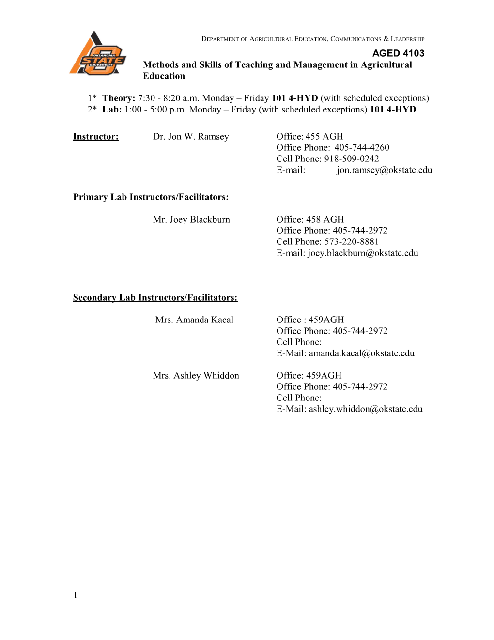 Theory: 7:30 - 8:20 A.M. Monday Friday 101 4-HYD (With Scheduled Exceptions)