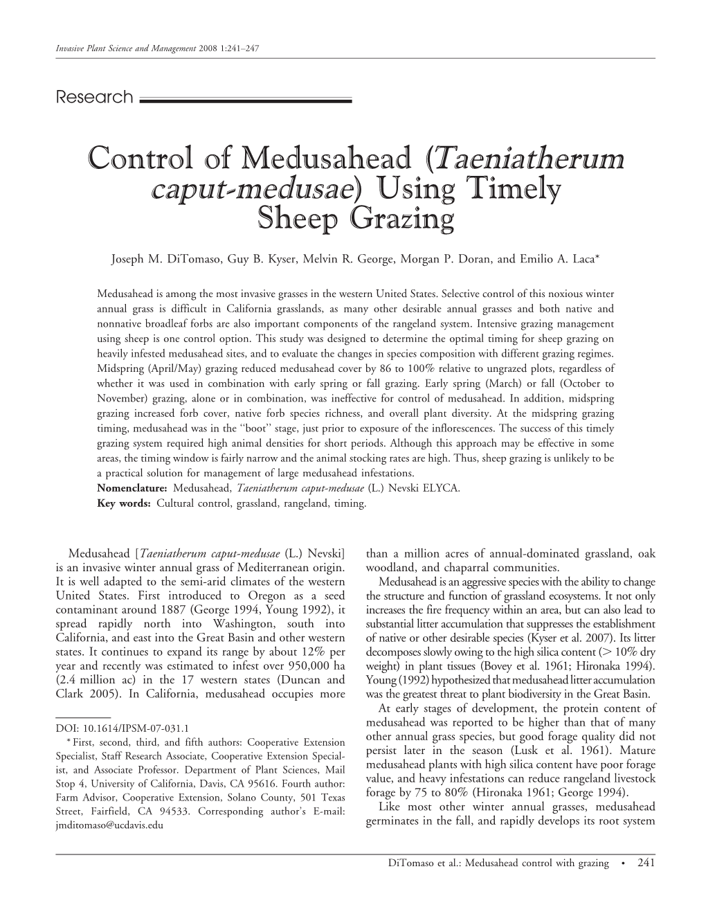 Taeniatherum Caput-Medusae) Using Timely Sheep Grazing