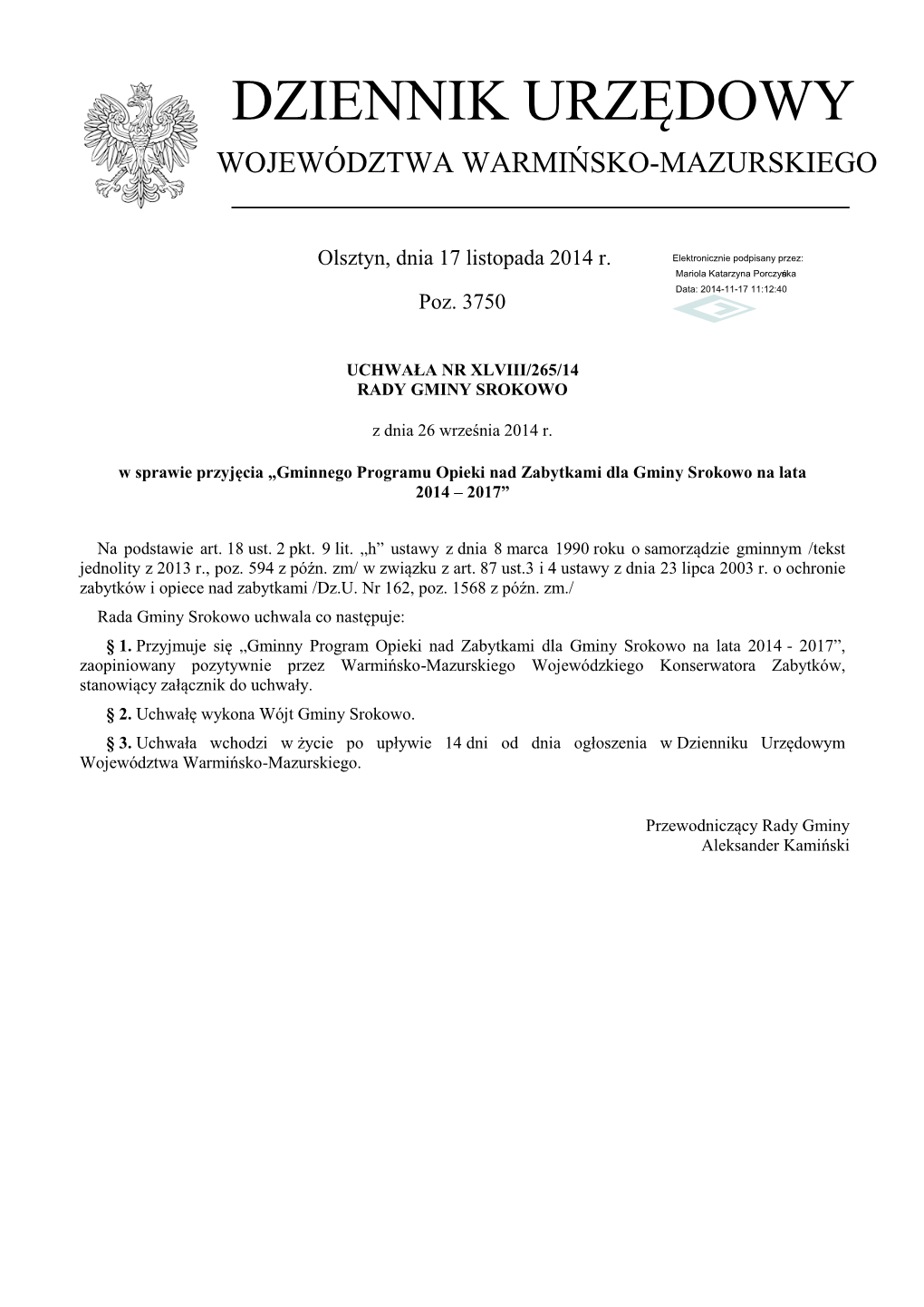 Uchwała Nr XLVIII/265/14 Z Dnia 26 Września 2014 R