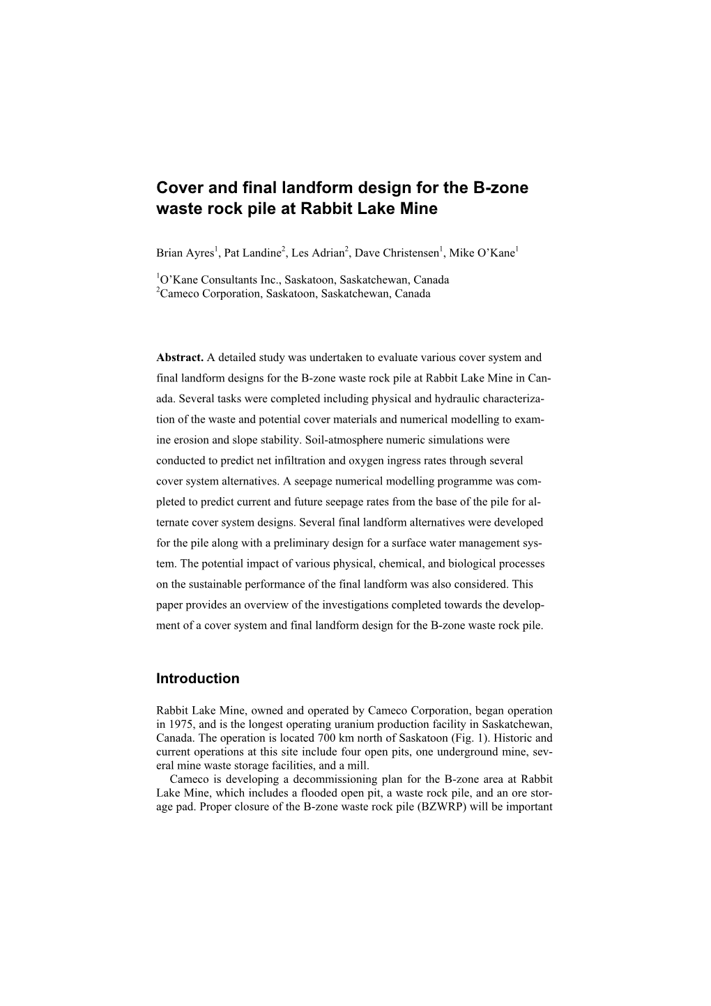 Cover and Final Landform Design for the B-Zone Waste Rock Pile at Rabbit Lake Mine