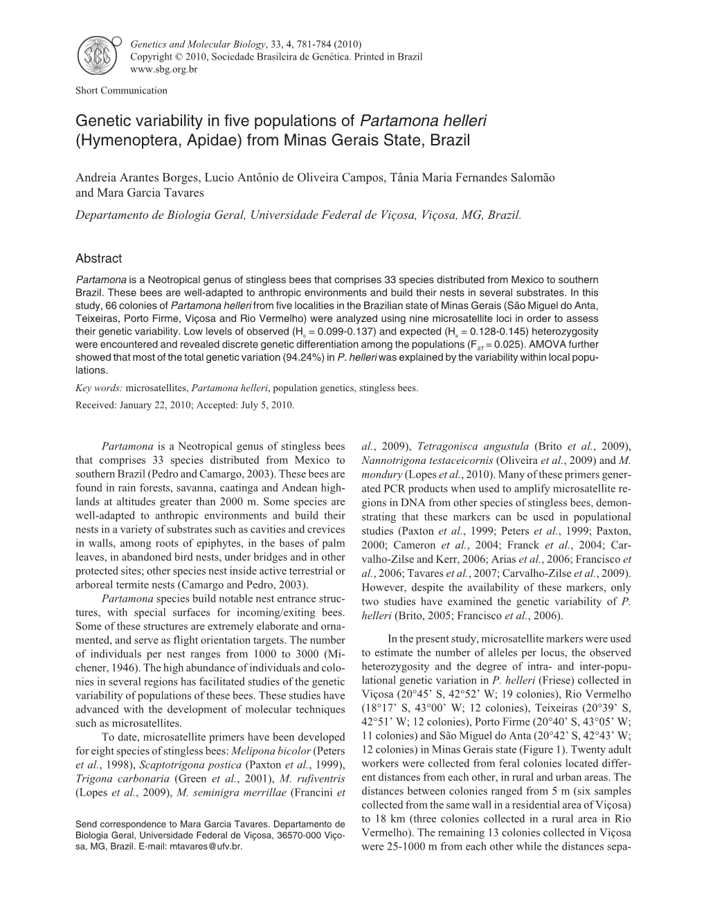 Genetic Variability in Five Populations of Partamona Helleri (Hymenoptera, Apidae) from Minas Gerais State, Brazil